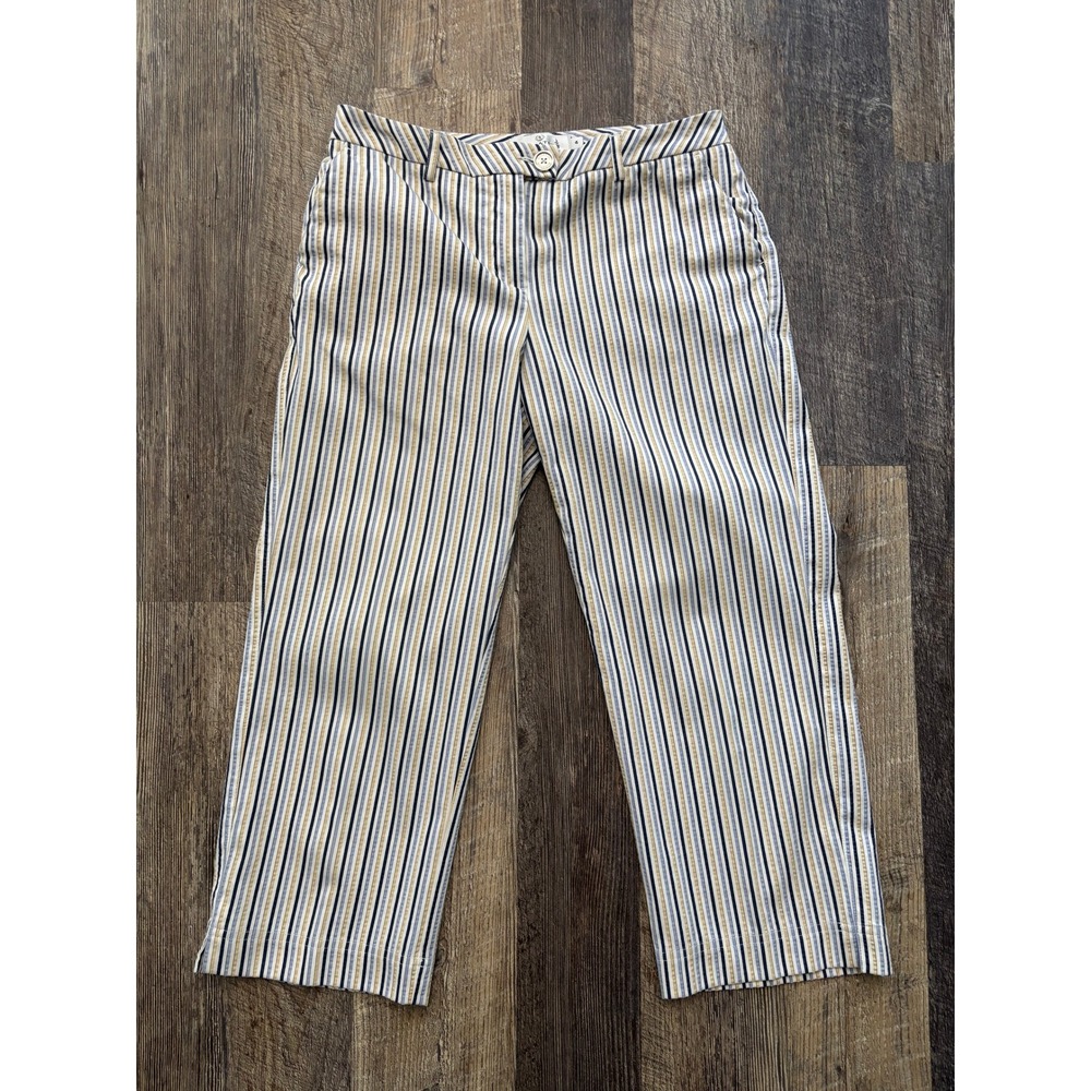 Bugatchi Women Striped Straight Leg Cropped Pants Blue Tan White Size 4